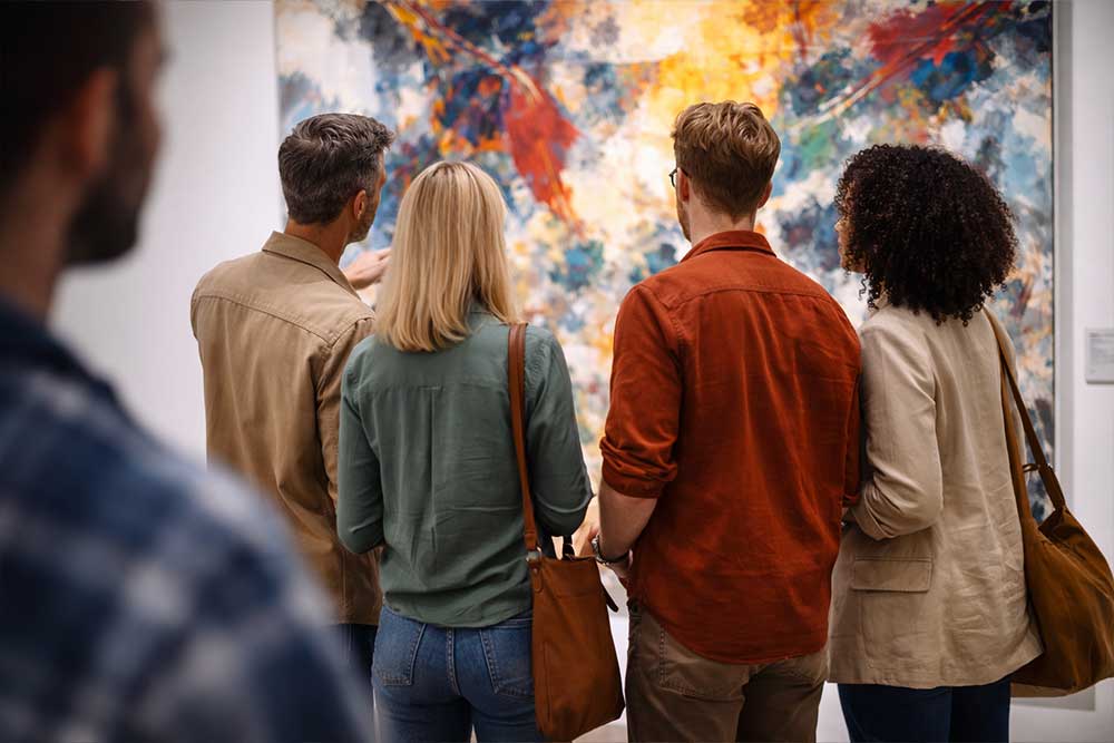 Kunstbegeisterte schauen sich ein Bild an im Museum in München